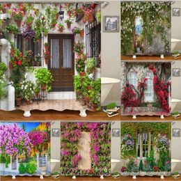 Shower Curtains 3D European Style Town Garden Curtain Flowers Scenery Waterproof Polyester Bathroom Home Wall Decor