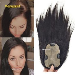 Clip In Human Hair Topper For Women 9x14cm European Remy Human Hair Toupee 18Inch Silk Base Hairpieces For Loss Hair Scalp Top