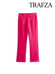 Women's Two Piece Pants TRAFZA 2024 Spring Trendy Trousers For Women Solid Pockets Chic Vintage Pocket Decoration High Waist Bell Bottoms