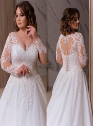 2021 Plus Size Bohemian Wedding Dresses V Neck Appliqued Long Sleeves Lace Bridal Gown Ruffle Sweep Train Custom Made Abiti Da Spo8782694