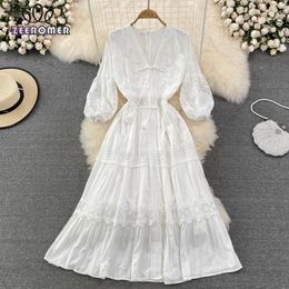 Casual Dresses 2024 Fashion Runway V-Neck Long Sleeve White Hollow Lace Dress Women High Quality Lace-up Waist A Line Elegant