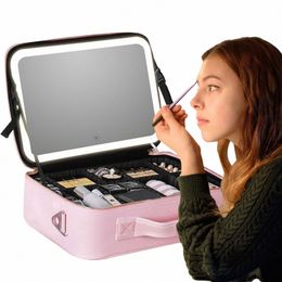 2024 New Smart LED Makeup Bag With Mirror With Compartments Waterproof PU Leather Travel Cosmetic Case For Women A2YG#