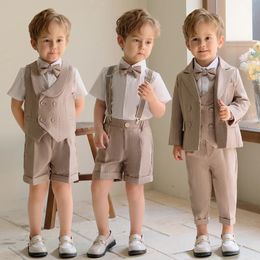 Childrens Khaki Striped Suit Set Boys Suspenders Long Shorts Vest Shirt Bowtie Clothes Kids Wedding Birthday Party Costume 240328