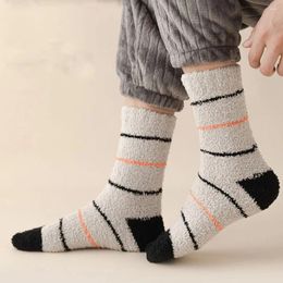 Men's Socks Breathable Casual Original Thick Soft Stripe Man Middle Tube Cotton Hosiery Coral Fleece