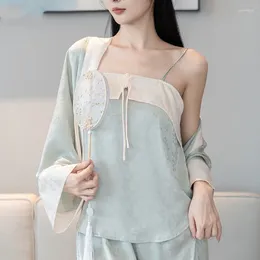 Women's Sleepwear Chinese Style 3 Piece Women Pyjamas Set Spring Jacquard Satin Femme Long Sleeve Nightwear Pijamas Suit Homewear