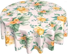 Table Cloth Pink Yellow Floral Round Tablecloth 60 Inch Abstract Flower Green Leaves Washable Wrinkle Stain-Resistant Cover