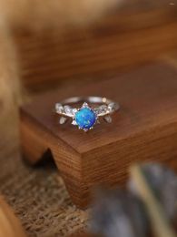 Cluster Rings "Flower Branch With Leaves" Pure 925 Silver Women's Ring Inlaid Blue Opal And Zircon Adorable Fresh Style For Dinner Party
