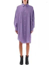 Casual Dresses Women's Purple Stripes Silhouette Dress Single Breasted Female Cotton Long Sleeve Loose Shirt Robe Autumn 2024