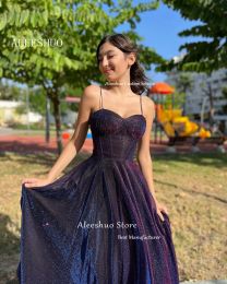 Aleeshuo Shiny Sparkly Dark Purple Long Evening Dresses Women Spaghetti Strap Boning Fitted Slim Glitter Prom Gowns Formal Party