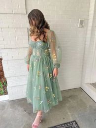 Romantic Vintage Green Prom Dress Princess Puff Long Sleeve Floral Embroidery Women Evening Cocktail Girls Birthday Outfit 240320