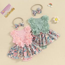 Clothing Sets Baby Girls Crew Neck Sleeveless Floral Print Skirt Hem Infant Rompers Dress With Headband Summer 2 Pieces Set For 0-24 Months