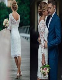 Charming Short Full Lace Wedding Dresses 2020 Long Sleeves Sheath Knee Length Country Beach Dress For Bridal Gowns Vestidos De Noi9821683