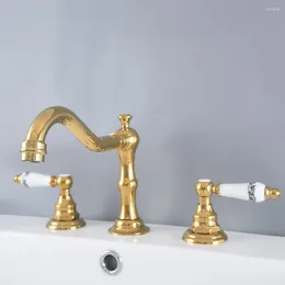 Bathroom Sink Faucets Basin Gold Colour Brass Deck Mounted 3 Hole Double Handle And Cold Water Tap Tnf985