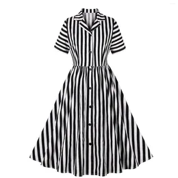 Casual Dresses Vintage Striped Print Shirt Dress For Women Summer Short Sleeve Swing Cocktail Party A Line Elegant Ladies Midi Robe