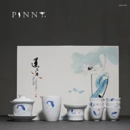 Teaware Sets PINNY Hand Painted Carp White Porcelain Tea Set Pigmented Ceramic Chinese Gaiwan Of Cups