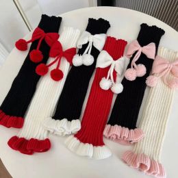 Harajuku Y2k Girls Cute Bow Plush Ball Leg Warmers Socks Japanese Lolita Kawaii Sweet JK Pink Ruffles Knitted Warm Leg Cover