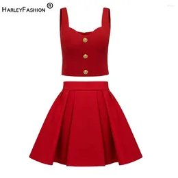 Work Dresses Cool Summer Sexy Vest 2PCS Suits Black/White/Red Straps Short Top A-line Mini Skirt Women Twin Sets