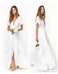 Romantic Beach Wedding Dresses A Line Short Sleeves 2019 Cheap Deep V Neck Boho Wedding Dress Floor Length Silk Satin Chiffon Brid6054975