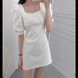 Casual Dresses French Vintage Square Neck Dress Women White Yellow Puff Short Sleeves Sweet Simple Fashion Korea Chic Black Summer