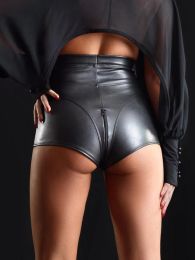 Women Shiny Patent Leather Splice Shorts Sexy Faux Latex Hot Pants Red Open Crotch Nightclub Wear 2023 Summer