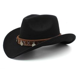 Retro Women Men /Kid Child Wool Wide Brim Cowboy Western Hat Cowgirl Bowler Cap Totems Pattern Leather Band 54-57-61cm 240319