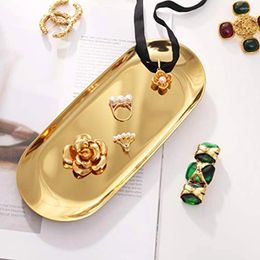 Decorative Figurines Oval Stainless Steel Tray Gold Tea Fruit Desserts Jewellery Earring 18cm Kitchen Bedroom Home Storage Accessory