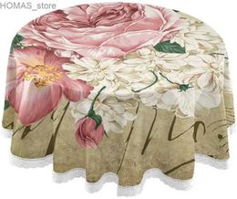 Table Cloth Vintage Shabby Chic Pink Rose Floral Round Table Cloths for Home Dinner Party Picnic Table Decor Lace Tablecloth 60 Inches Y240401