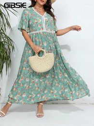 Plus Size Dresses GIBSIE Contrast Lace V Neck Floral Print Dress Women 2024 Summer Holiday Boho A-line Split Beach Long Maxi