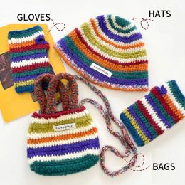 Rainbow Striped Knitted Bucket Hats for Women Autumn Winter Warm Panama Y2K Beanies Set with Gloves Bag Designer Cute Funny Hat
