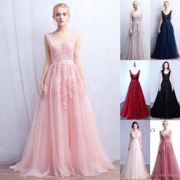 2020 Vestidos De Novia A Line Sexy DeepV Back Bead Lace Long Tulle Evening Dresses Backless Ribbon Colourful Blush Pink Prom Gowns1447289