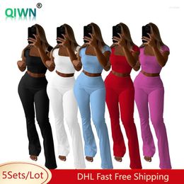 Women's Tracksuits 5Sets Bulk Wholesale Solid Two Piece Set Women Short Sleeve Crop Tops High Waist Pants Outfits Female Spring 10813