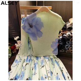 Work Dresses ALSEY Miyake Fashion Pleated Half Skirt Two Piece Set For Women Printed Casual Short Sleeve T-Shirt Simple Plus Size