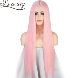 Wigs I's a wig Pink Straight Long Synthetic Wigs for Women Black White Orange Blonde Wigs can be Cosplay Wigs Heat Resistant Fibre