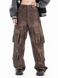 Women's Pants Distressed Wide Leg Multi-pockets Leather Aesthetic Goth Grunge Y2k Cargo Trousers For Women Girls Streetwear