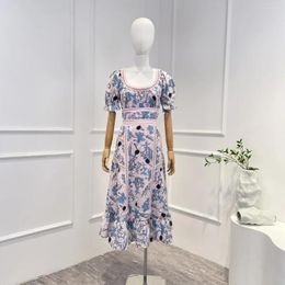 Party Dresses Pink 2024 Vintage Collection Hollow Out Blue Floral Print Lace Short Sleeve Frill Woman Sweet Midi Dress