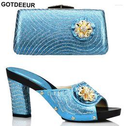 Dress Shoes Blue Colour Italian Ladies And Bag Set Decorated With Rhinestone Matching In Heels High Quality