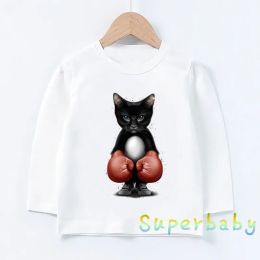 Kids T-Shirts Super Cool Boxing Cat Attack Print Funny Girls Boys Clothes Autumn Baby Long Sleeve T shirt Casual Children Tops
