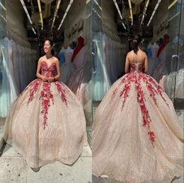 Sparkly Rose Gold Sequined Red Lace Flower Quinceanera Dresses Sweetheart Corset Back Long Beaded Vestido de Sweet 15 Prom Eveenin4767984