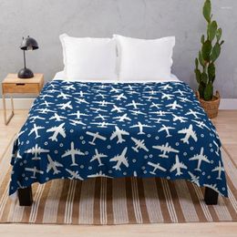 Blankets Blue And White Aeroplanes Silhouette Pattern Throw Blanket Oversized Dorm Room Essentials Personalised Gift