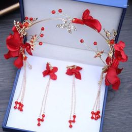 Necklace Earrings Set Fashion Red Flower Head Decor Bridal Tiaras Headband Headpiece Wedding Crowns Earring Jewelry Accessories For Women