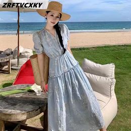 Party Dresses Fashion Hollow Out Embroidered Women Midi Dress Sleeved V-Collar Beaded Vintage Casual Summer Holidays