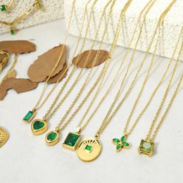 Pendant Necklaces Korean INS Style Green Zircon Heart Necklace For Women Men Couple Stainless Steel Gold Colour Chain Leaf Geometric Gifts