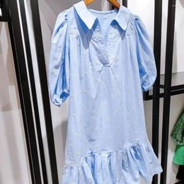 Party Dresses 2024 Women's Blue Puff Sleeve Dress Short Embroidered French Brand Loose Casual Comfort