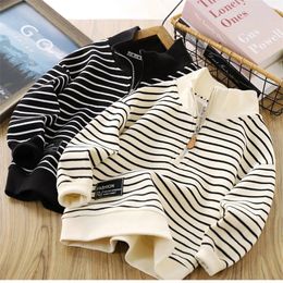 Boys Stripes Sweatshirt Spring Autumn Girls Casual Pullover Big Kids Lapel Zipper Tops Children Sportswear Clothing 4-14 Years 240328