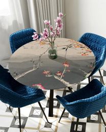 Table Cloth Spring Flowers Chinese Painting Ink Round Tablecloth Elastic Cover Rectangle Waterproof Dining Decoration Accessorie