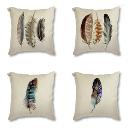 Pillow Nordic Linen Cotton Cover Watercolor Feathers Art Printed Minimalist Decorative Sofa Seat Case