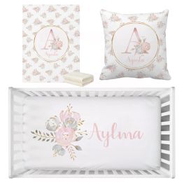 LVYZIHO Personalised Name Blush Gold Floral Bedding Set, Birthday Gift Toddler Gift Bedding Set, Baby Shower Gift Bedding Set