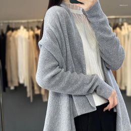 Women's Knits Cardigans Autumn Winter 100 Wool Sweaters Casual Loose Knitwear Jackets V-Neck Tops Fashion Grey Blouses Sha