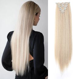 HAIRCUBE 24Inch 16 Clips in Hair Extensions Long Straight Synthetic Hair Blonde White Thick Hairpieces Heat Resistant Female Wig