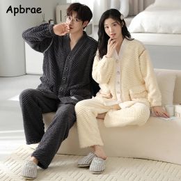 Winter Thick Plush Velvet Pajamas Set for Couple Cute Girls Pijamas Kimono Style Lovers Loungewear Man and Woman Cardigan Pjs